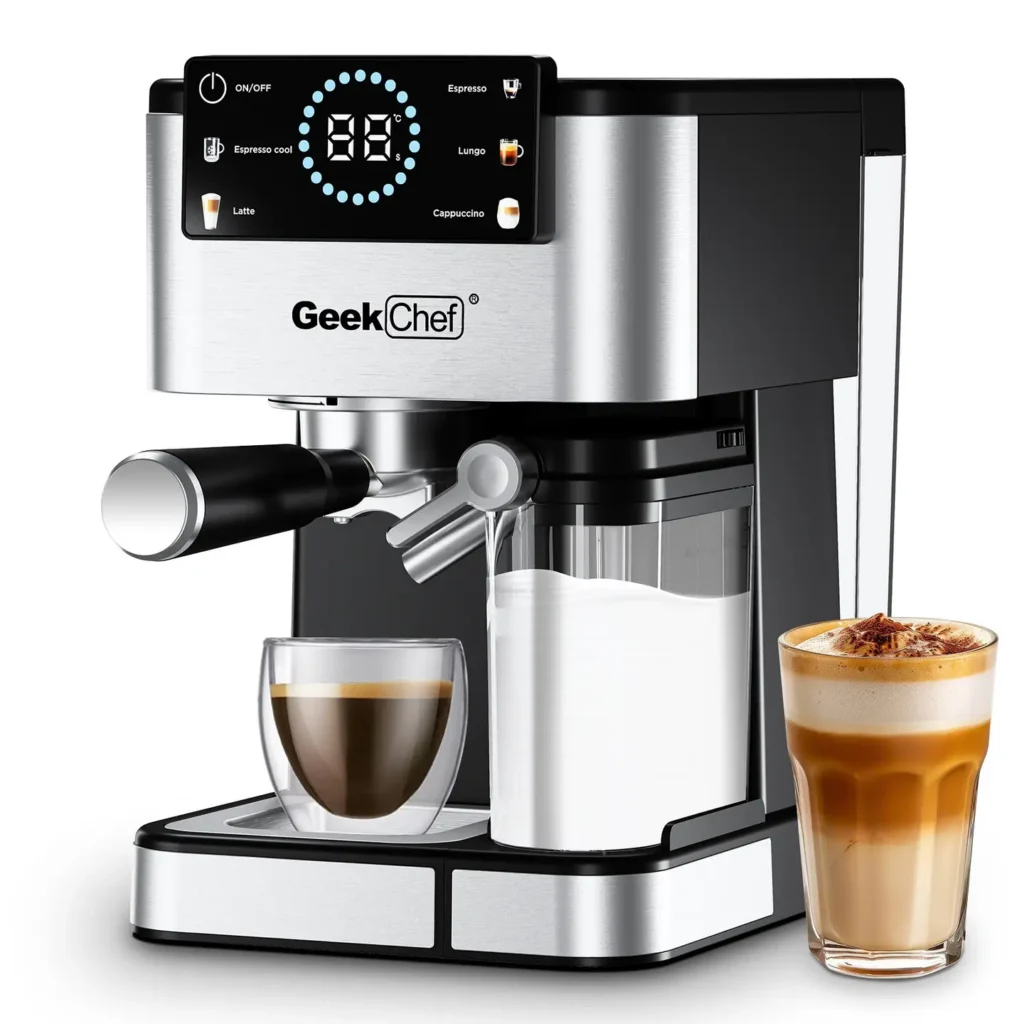 GeekChef 20-bar espresso machine with milk reservoir, espresso cup, and latte glass.
