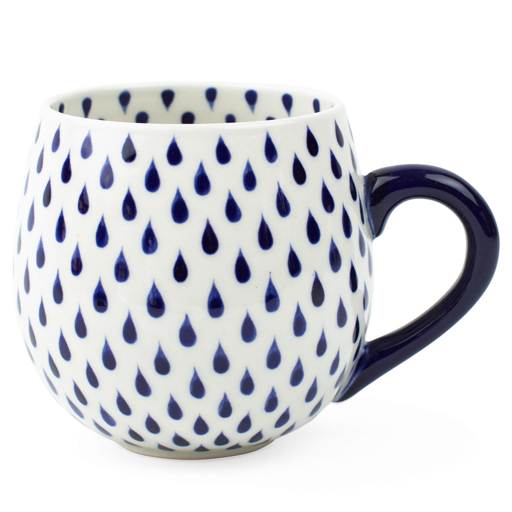 White Rainy Day mug with blue raindrops and a dark blue handle.