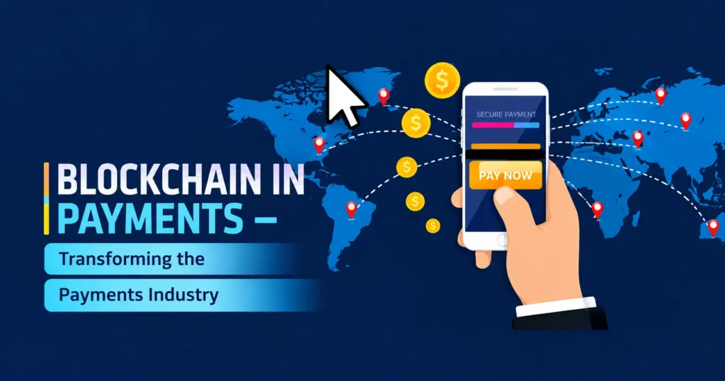 Blockchain payments illustration showing a mobile payment connected to locations around the world.
