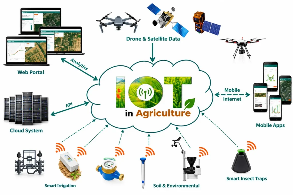 IoT agriculture diagram connecting sensors, smart irrigation, drones, and satellites to cloud analytics and mobile apps.