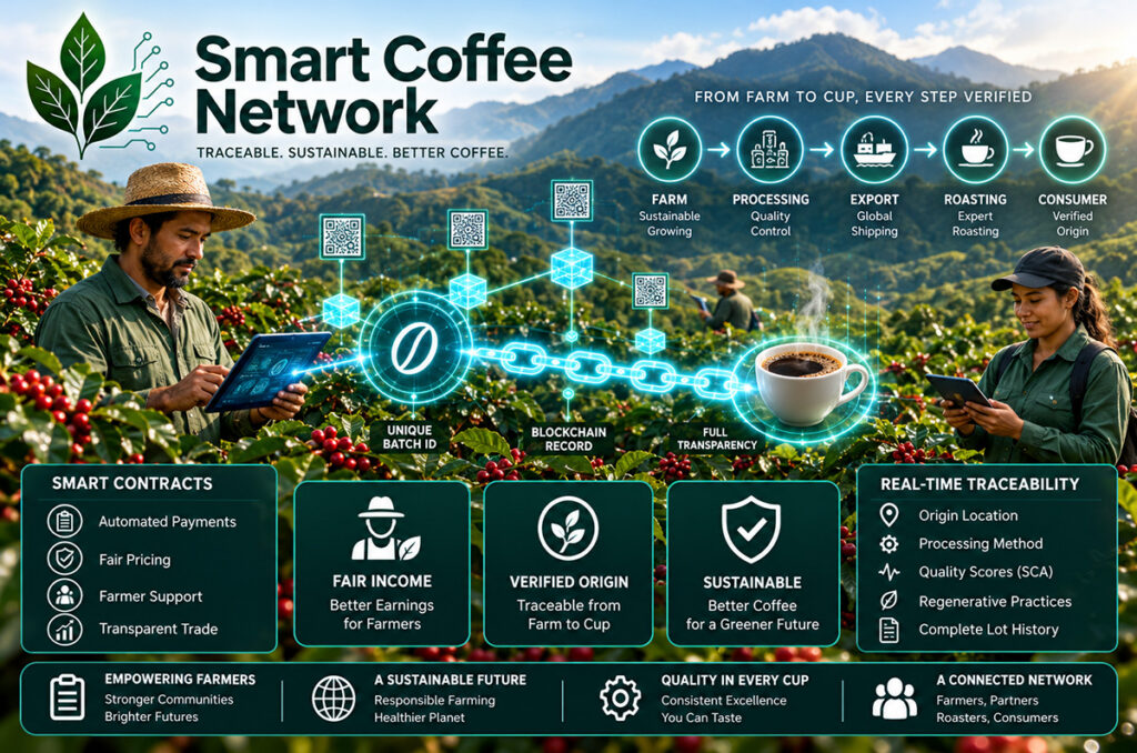 Smart Coffee Network diagram tracing coffee from farm through processing, export, and roasting to consumers using verified blockchain records.