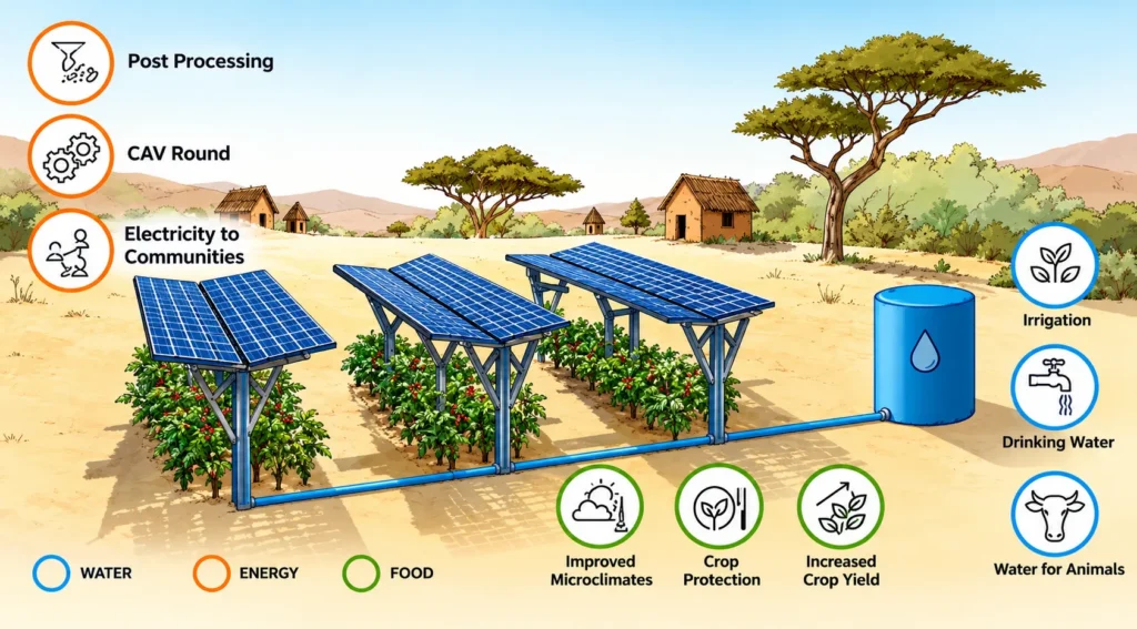 Solar panels above crops power irrigation and provide shade, linking water, energy, and food production.